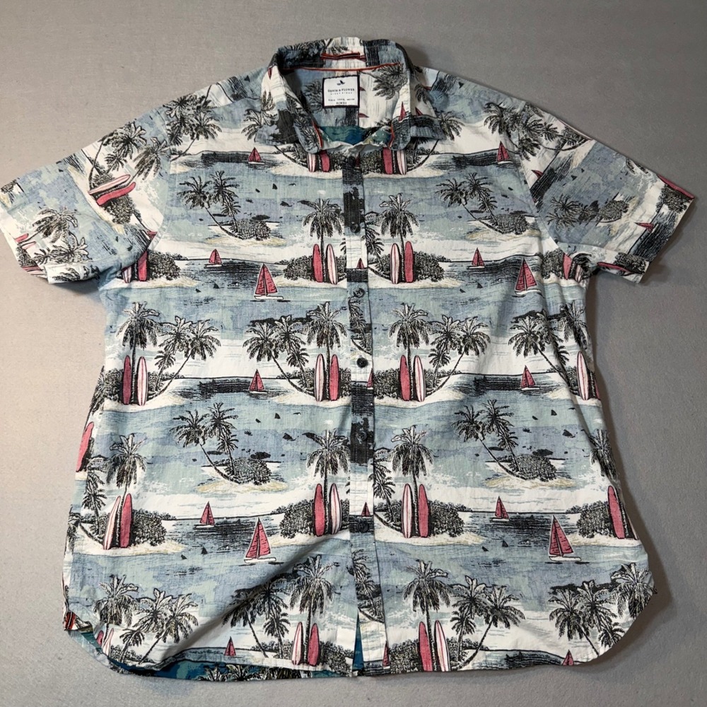 Denim & Flower Ricky Singh Tropical Shirt Palm Tree Surfboard Resort Button Down